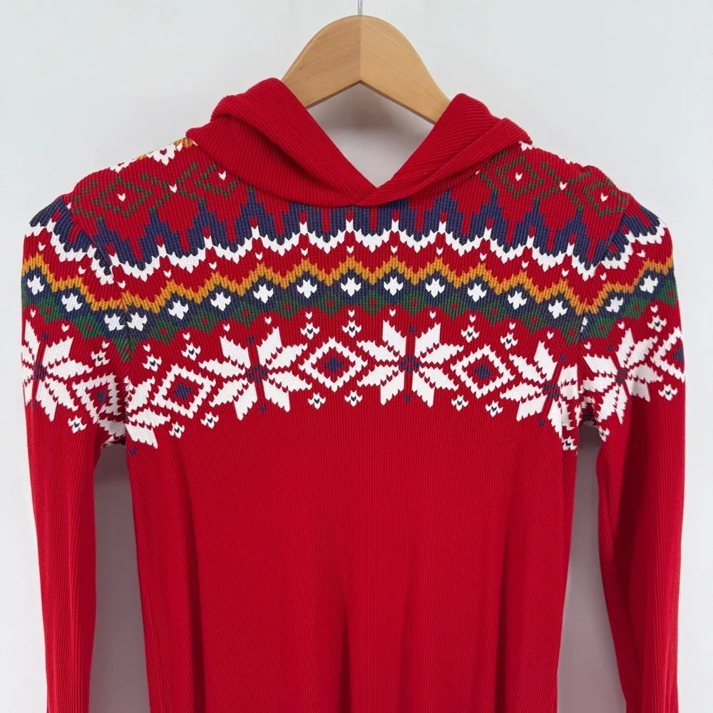 Polo Ralph Lauren Girls Red Fair Isle Snowflake Waffle Knit Hoodie Dress L 12-14